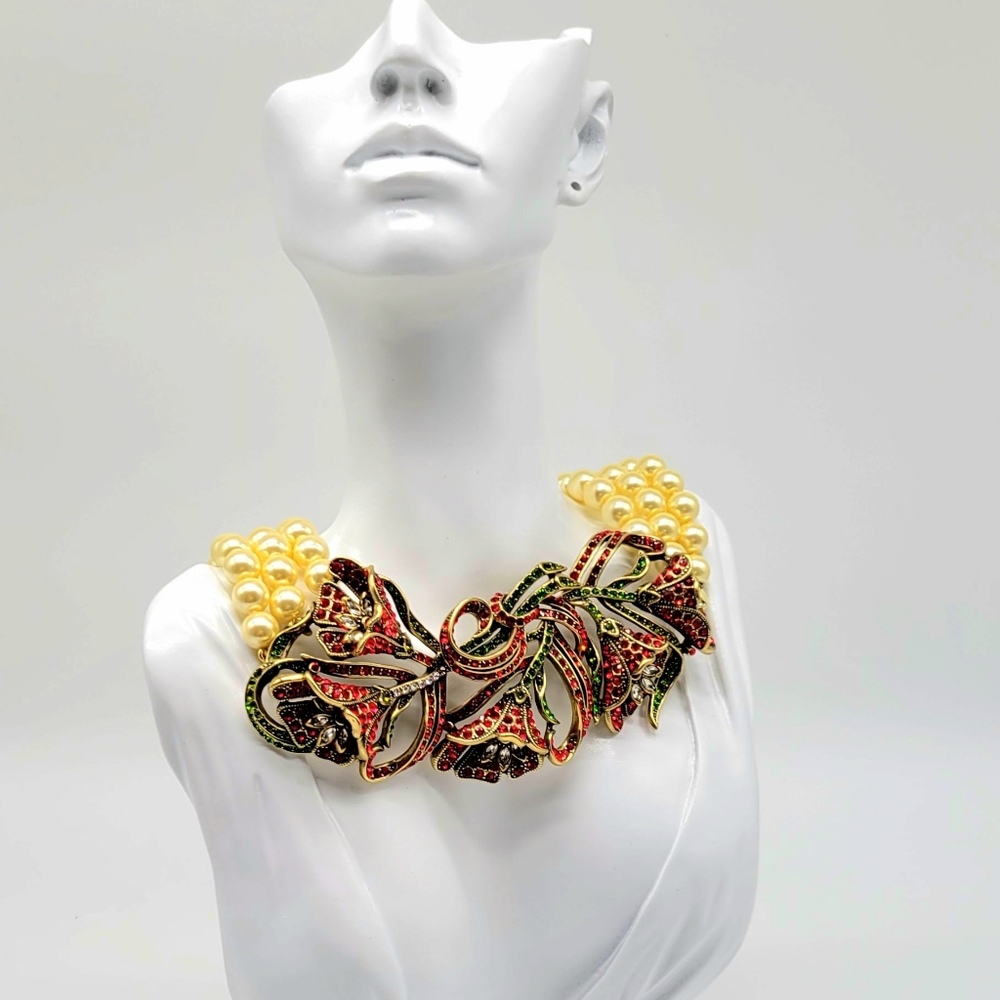 Heidi Daus Garnet Swarovski Crystal Tulip Necklace with Ivory Cream Pearls